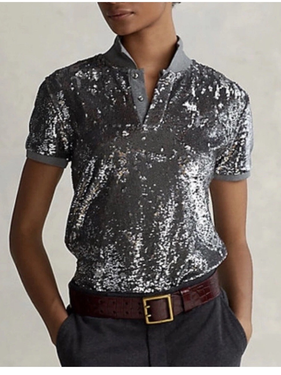 Polo By Ralph Lauren Silver Sequin Short-Sleeve Polo